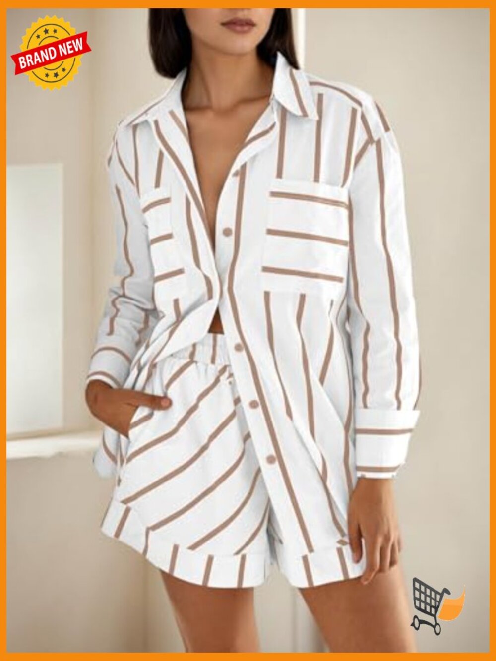 Striped 2 Piece Lounge Set Button Down Shirt and Shorts Pajama Set - Picture 2 of 7